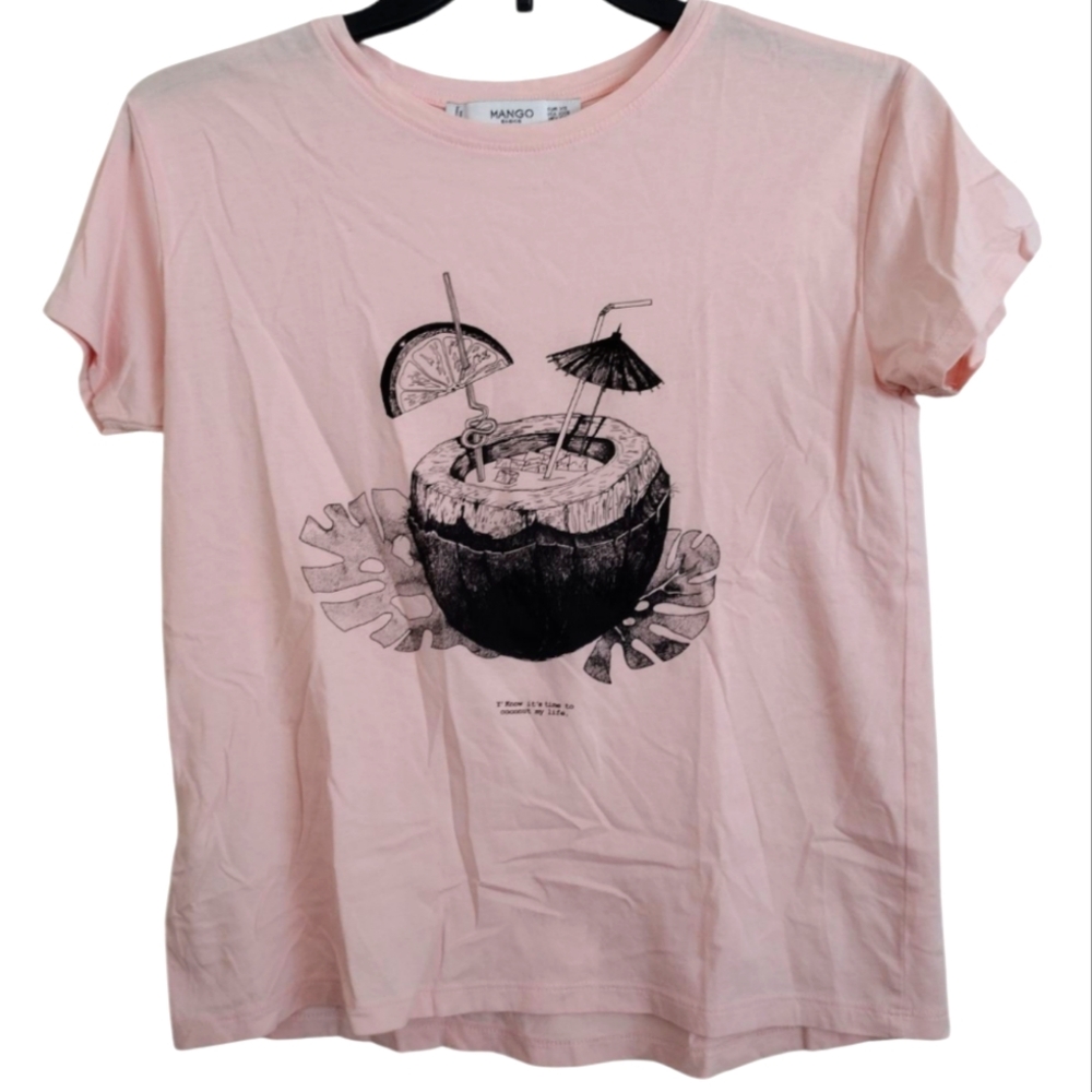 Mango Pink Graphic T-Shirt with Coconut Design 100% Organic Cotton Size XXS